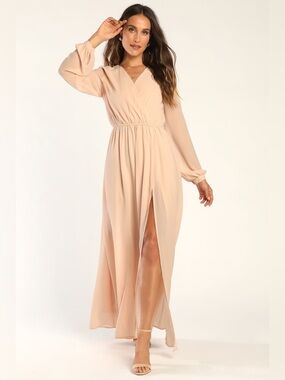 Lulus Maxi Dress Wedding Guest High Slit Long Sleeve Blush Pink Size L Cocktail